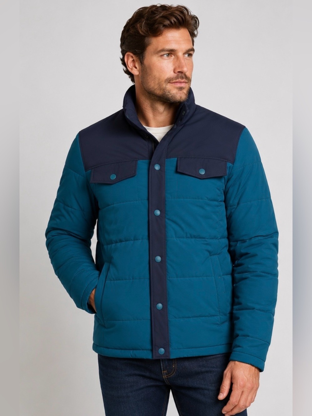 LandsEnd Mens Quilted Stretch Down Jacket With Snap Front 34 to 9 Degrees Temps